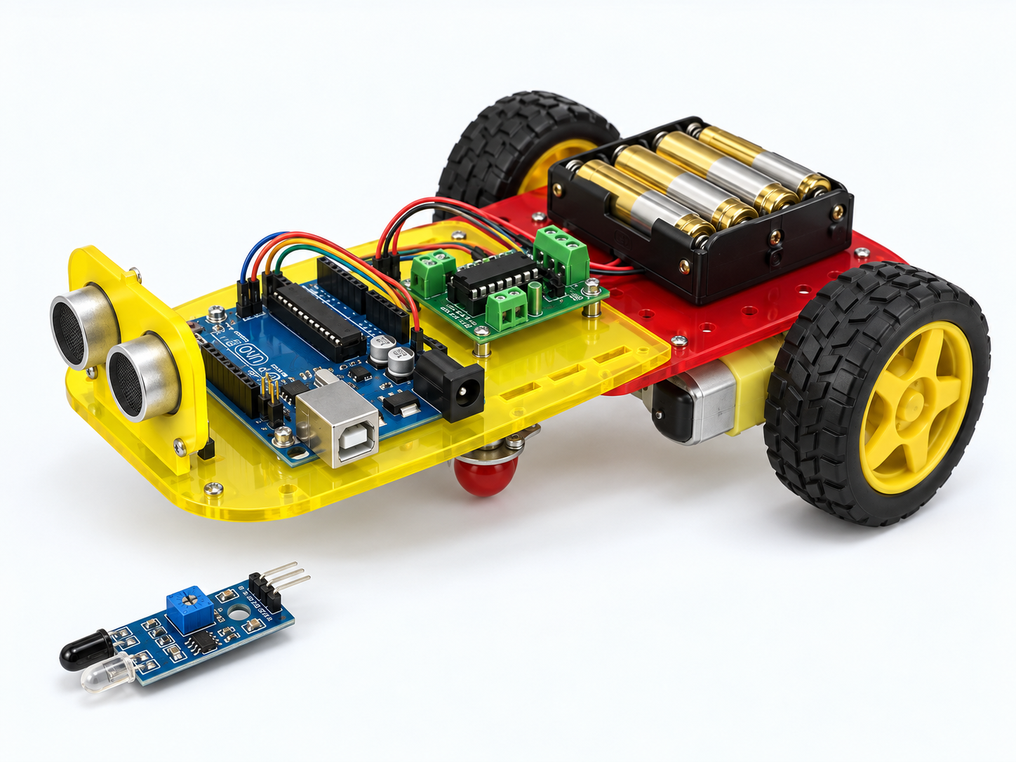 Isometric robot with Arduino Uno, ultrasonic sensor, L293D board, four cells, red and yellow chassis, two BO motors and wheels, jumper cables and a separate IR sensor.